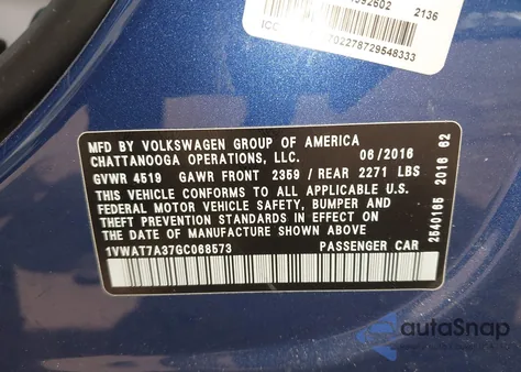 2016 Volkswagen Passat 1.8T R-Line from USA, damaged, VIN 1VWAT7A37GC068573